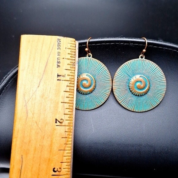 Round spiral Boho Bronze Earrings with Turquoise Accents beachy vibes - Picture 2 of 4